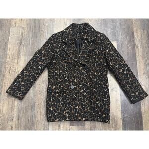 HM Womens Leopard Print Wool Blend Double Breasted Pea Coat Brown Black Size 2‎